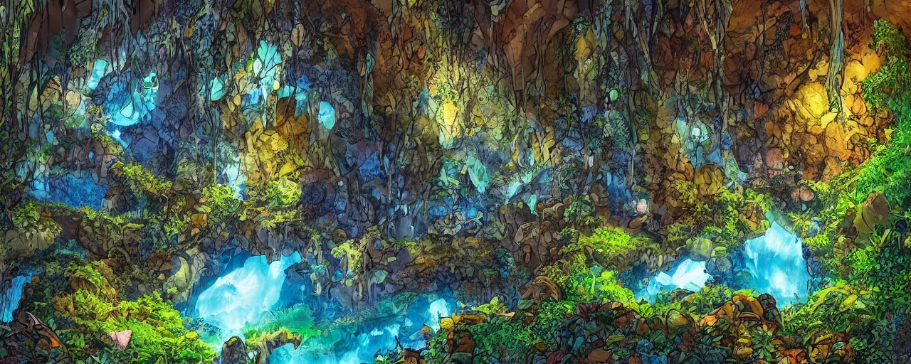 Image similar to large interior cavern of a cave, grand gallery, shimmering blue stream, walls covered with colourful flowers vines and mosses, some strange luminescent rocks poke through the foliage, depth of background, comic book,
