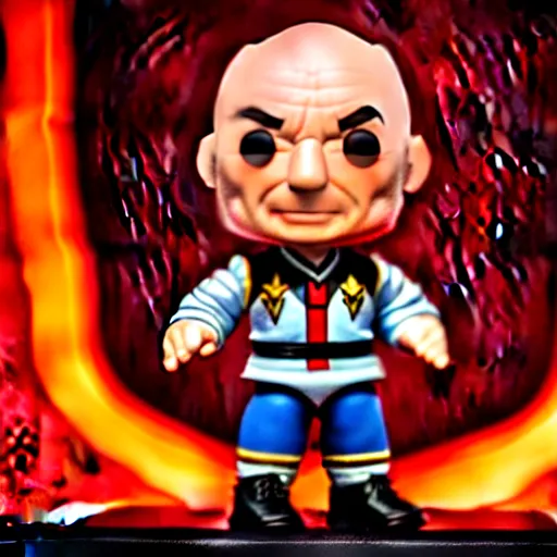 Image similar to photograph of Funko Pop doll of Captain Picard taken in a light box with studio lighting, some background blur