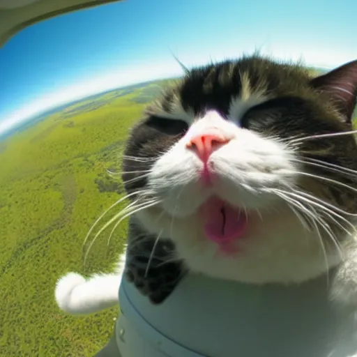 Image similar to real photo of fat angry cat skydiving