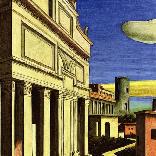 Image similar to solarpunk dreaming new York stock exchange in a toscana landscape with modern houses, painted by Giorgio de Chirico, highly detailed