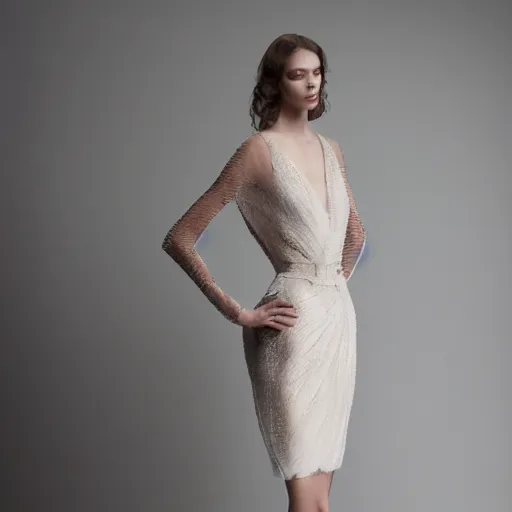 Image similar to delicate, semi transparant, high couture dress in a super model, warm light, studio setting