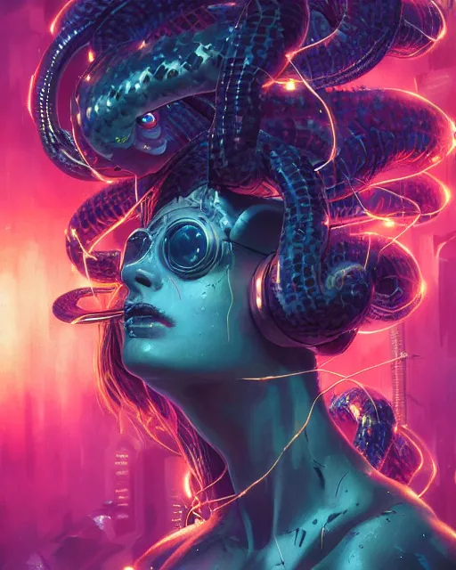 Image similar to a cyberpunk close up portrait of cyborg medusa, electricity, snakes in hair, sparks, bokeh, soft focus, by paul lehr, jesper ejsing