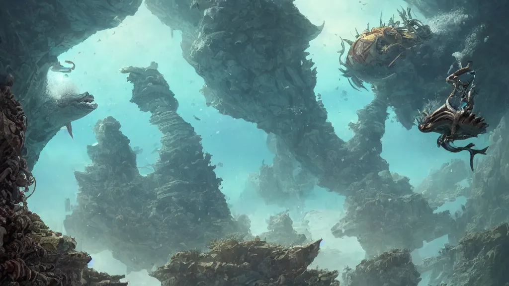 Image similar to A diver is under the sea, he has a treasure with him, he is swimming away from the giant Ryūjin that is behind hunting him, this is an extravagant planet with wacky wildlife and some mythical animals, the background is full of ancient ruins, the ambient is vivid with a terrifying atmosphere, by Jordan Grimmer digital art, trending on Artstation,