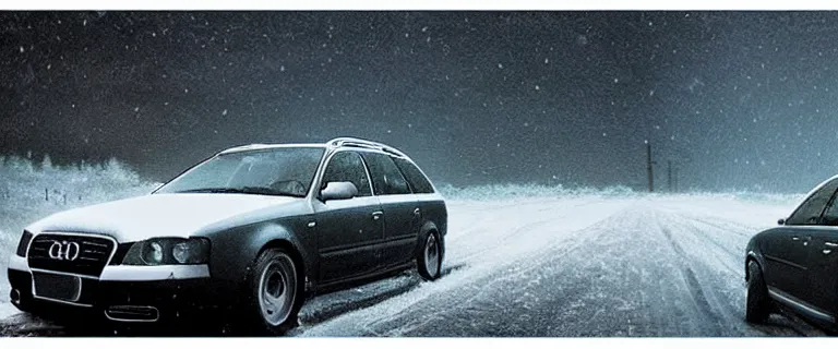 Image similar to Audi A4 B6 Avant (2002), a gritty neo-noir, dramatic bright lighting, cinematic, establishing shot, extremely high detail, photorealistic, cinematic lighting, artstation, by simon stalenhag, Snowy finnish road, At night, Poets of the Fall - Late Goodbye