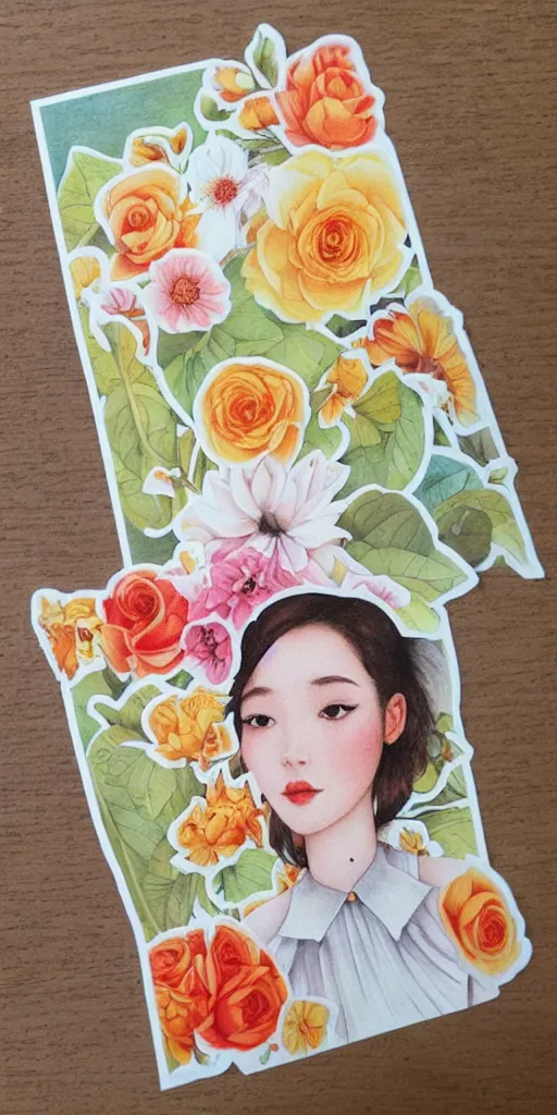 Prompt: beautiful flower, by tran nguyen, warm colors, cozy, etsy stickers, white border, sticker sheet, sticker template