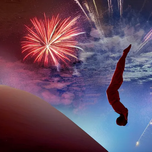 Image similar to 4 k hdr photo of elon musk doing a backflip on the surface of mars during a blue martian sunset surrounded by fireworks in the background