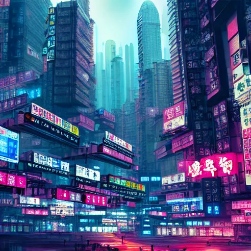 Image similar to a realistic painting of cyberpunk hong kong, many huge signs, ultra hd wallpaper, 4 k