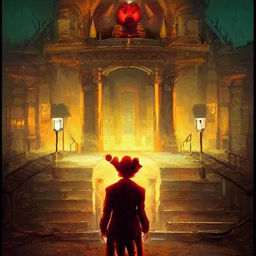 Image similar to portrait of angry clown, atmospheric lighting, painted, intricate, volumetric lighting, beautiful, rich deep colours masterpiece, sharp focus, ultra detailed, in the style of Dan Mumford and marc simonetti, futuristic temple in the background,