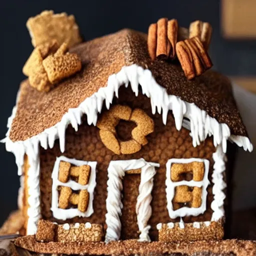 Image similar to a gingerbread house made only of cinnamon - toast - crunch cereal