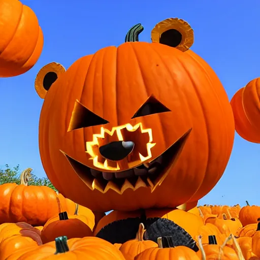 Image similar to a cute smiling bear made out of pumpkins, unreal engine