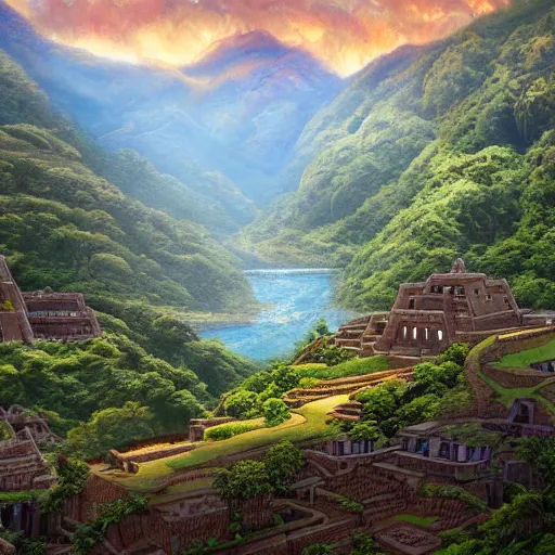 Prompt: an inca city in the middle of a forest lake, ultra detailed, high quality, artstation award winner, oil painting, digital painting, 8k, vibrant, ultra detailed water