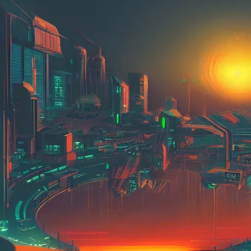 Image similar to cyberpunk world based on an island with sunset behind it