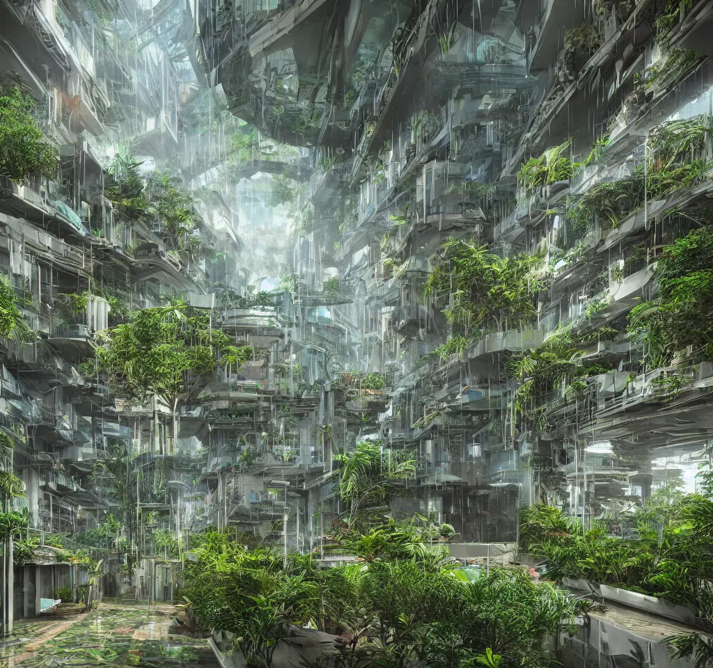 Prompt: cyberpunk futuristic greenhouse apartments in a tropical forest setting. vivid colors mixes with dusty moody lighting. heavy rain is falling through a central opening in the roof, into a dimly lit pool of water in the centre of the room. architectural concepts inspired by dune 2 0 4 9, 8 k, photorealism, hdr, ultra sharp, environmental render, concept