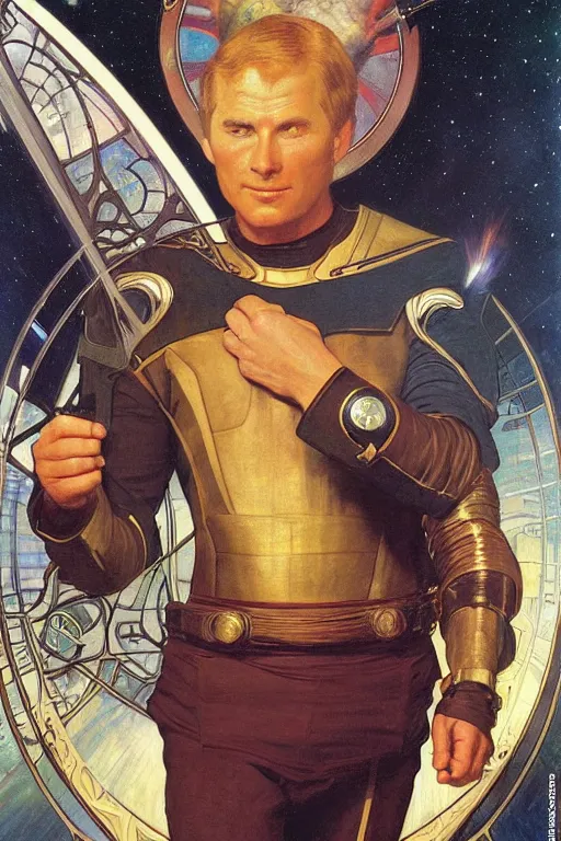 Image similar to An Epic Tarot Card of Captain James Kirk commanding the starship enterprise, amazing colour harmony and variation, simple background, by Donato Giancola, William Bouguereau, John Williams Waterhouse and Alphonse Mucha