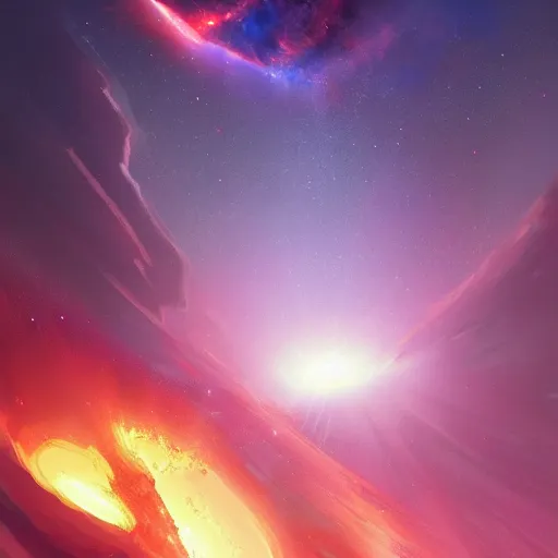 Prompt: A beautiful supernova and a nebula shining its light across a tumultuous vast space, greg rutkowski  Trending on artstation