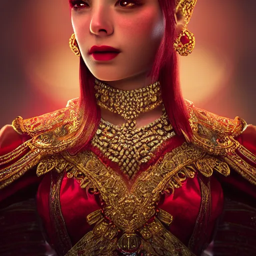 Prompt: portrait of wonderful princess of rubies with fair skin, ornate 8 k radiant gorgeous intricate detailed, accent lighting, dramatic light, octane render