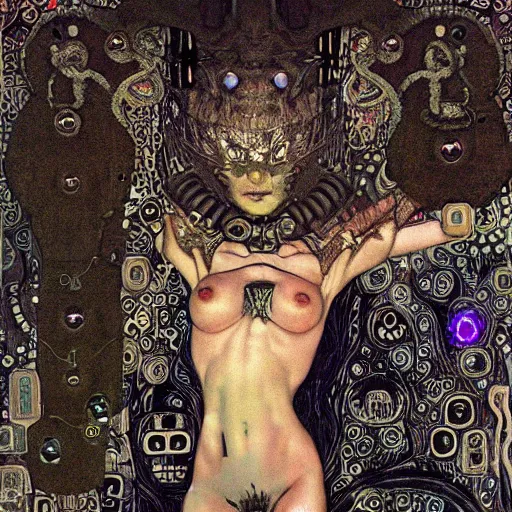 Prompt: depraved cybernetic demon, lsd, mushrooms, circuitry, intricate detail, klimt, frazetta, giger,