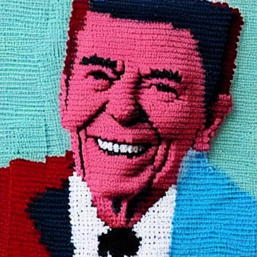 Prompt: ronald reagan made out of yarn,