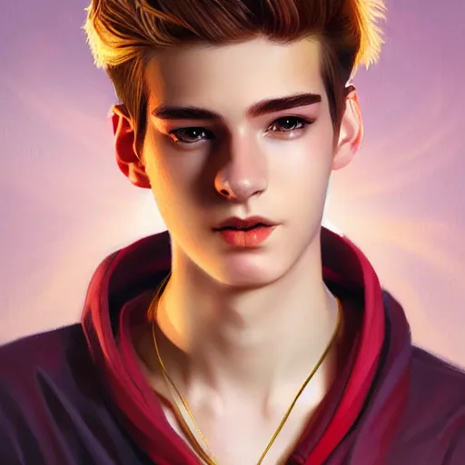 Image similar to colorful Captivating teenage boy with brown blond very short quiff hair and facial structure like andrew garfield, brown eyes with red eye markers, slim body, wearing a detailed Japanese kimono with golden details, atmospheric lighting, painted, intricate, 4k, highly detailed by Charlie Bowater