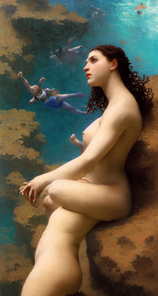 Image similar to Portrait of a beautiful female Atlantean swimmer, underwater swimming in large rock trench, toward the sun rays and caustics, Regal, Realistic, Refined, Detailed Digital Art, Oil Painting, William-Adolphe Bouguereau, Art Frahm, Esao Andrews,, Highly Detailed, Cinematic Lighting, Unreal Engine, 8k, HD