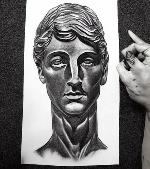 Image similar to tattoo design sketch of the statue of david broken in the middle, in the style of den yakovlev, realistic face, black and white, realism tattoo, hyper realistic, highly detailed