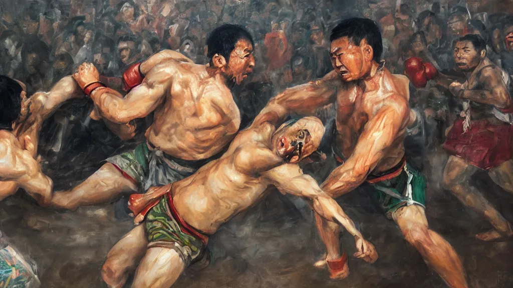 Image similar to asian person fighting a turkish person, cinematic, 4 k, oil painting