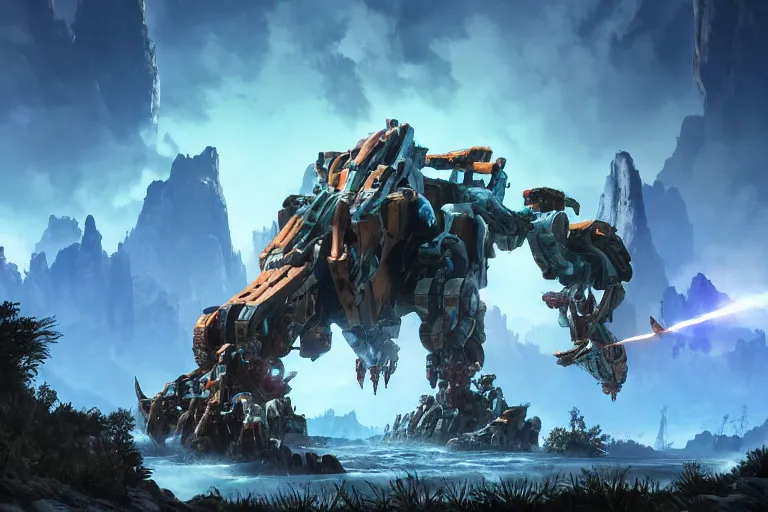 Image similar to tremortusk machine mecha animal beast robot of horizon forbidden west horizon zero dawn bioluminiscence global illumination ray tracing hdr fanart arstation by sung choi and eric pfeiffer and gabriel garza and casper konefal