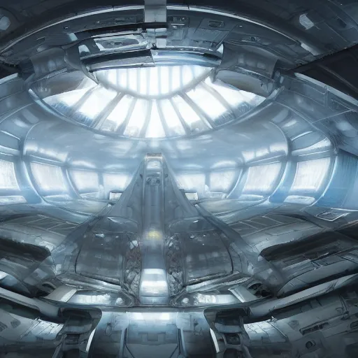 Prompt: one thousand aligned cryogenic pods, spaceship hangar, symmetrical, sci-fi, cryogenic pods, many cryogenic pods, interior, fantasy, 4k, wide shot, matte painting, oil painting, concept art, art station, style of Eliran Kantor