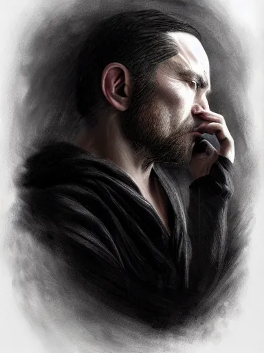 Prompt: a sad man, black clothes. mourning, grieving. intricate, elegant, highly detailed, digital painting, artstation, concept art, sharp focus, illustration, by justin gerard and artgerm, 8 k