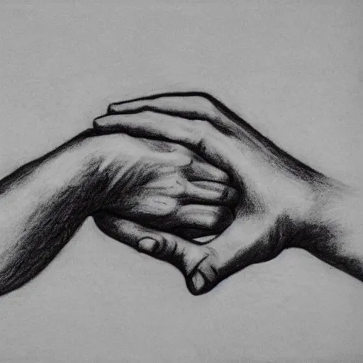 Prompt: M.C. Escher two hands drawing each other with a pencil