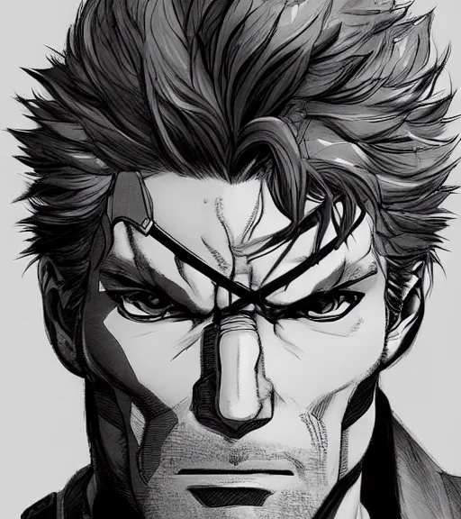 Prompt: portrait solid snake by yusuke murata and masakazu katsura, artstation, highly - detailed, cgsociety, pencile and ink, city in the background, dark colors, intricate details
