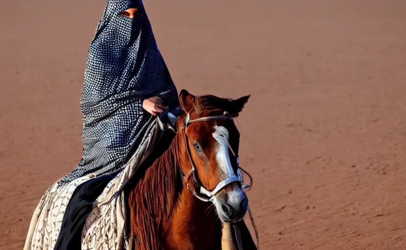 Image similar to beautiful burqa's woman, riding a horse!!! in saharan, sharp eyes, handling riffle on chest, shooting pose, perfect posture, dust, cinematic, dynamic pose, pinterest, center of interest