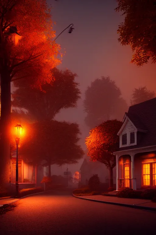 Image similar to sleepy autumn neighborhood at dusk, hyper realistic, ambient lighting, concept art, intricate, hyper detailed, smooth, dynamic volumetric lighting, octane, raytrace, cinematic, high quality, high resolution, 4 k, artstation