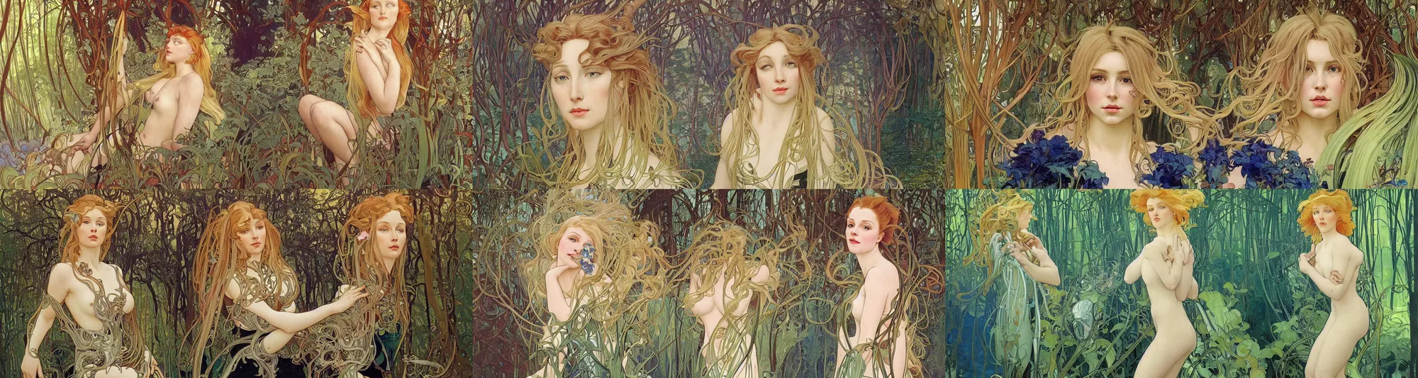 Prompt: realistic detailed portrait painting of a beautiful woman with blond hair with futuristic sci-fi forest on background by Alphonse Mucha, Jean Delville, Amano, Yves Tanguy, Edward Robert Hughes, Roger Dean, rich moody colours