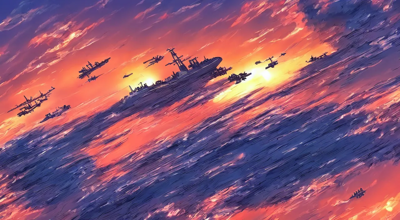 Image similar to aircraft carrier sunset sky waves beautiful artstation 4 k breathtaking graphic novel concept art illustration cartoon by jack kirby