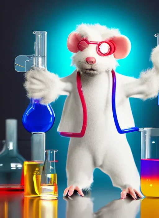 Prompt: a 3D render of a cute fuzzy pet rat dressed in a white lab coat and safety goggles, mixing colorful chemicals in a chemistry lab, bokeh, Canon 50mm, cinematic lighting, volumetric light, octane, octane render, redshift render