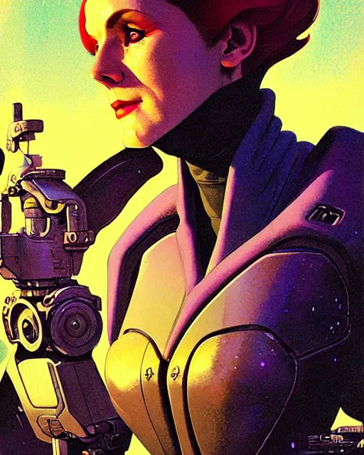 Image similar to moira from overwatch, character portrait, portrait, close up, concept art, intricate details, highly detailed, vintage sci - fi poster, in the style of chris foss, rodger dean, moebius, michael whelan, and gustave dore