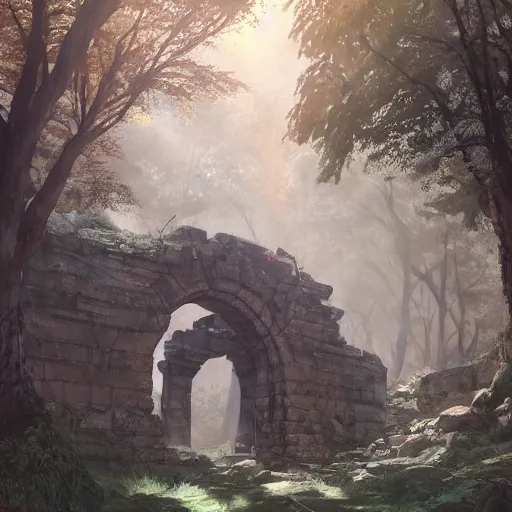 Image similar to concept art painting of an ornate ancient stone archway, in the woods, realistic, detailed, cel shaded, in the style of makoto shinkai and greg rutkowski and james gurney