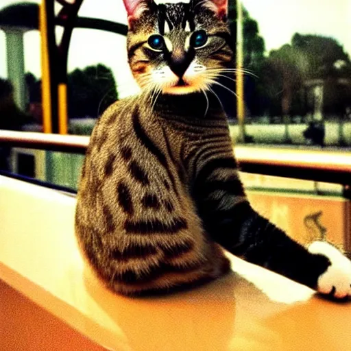 Image similar to !!! cat!!!, ( ferris wheel ), feline, sitting, riding, funny, award winning photo, realistic,