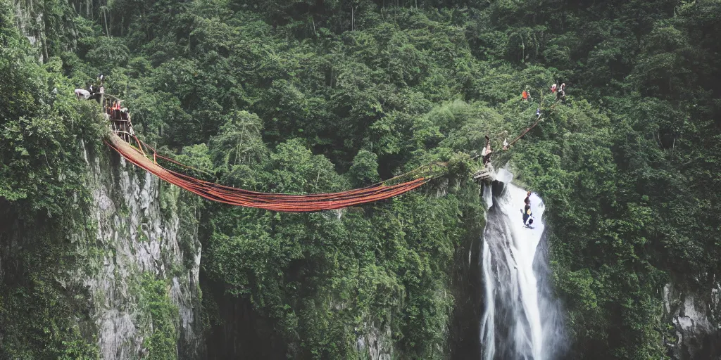 Image similar to an island of jungle cliffs with treehouses atop. tiered catwalks and rope bridges. kids in colorful war paint standing on the rope bridges. foggy valley and mountains fading into the distance, at sunset. waterfalls. neverland. 3 5 mm portrait film.