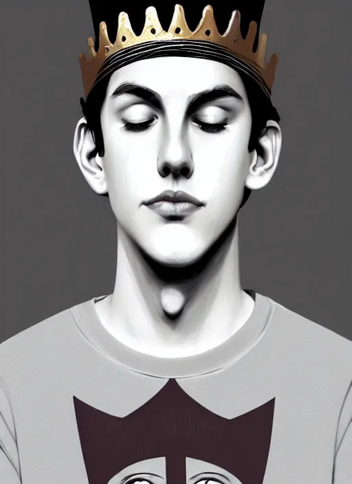 Image similar to portrait of teenage jughead jones wearing a light grey crown, photorealistic, crown, eyes closed, crown, black hair, sweater with letter s on it, letter s, intricate, elegant, glowing lights, highly detailed, digital painting, artstation, concept art, smooth, sharp focus, illustration, art by wlop, mars ravelo and greg rutkowski