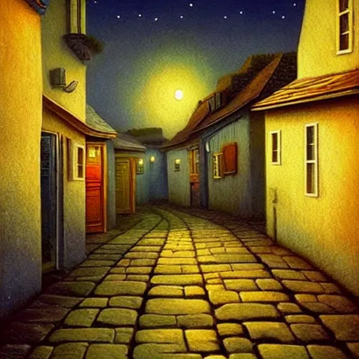 Image similar to towninspired by Evgeny Lushpin stores,cottages,streets,spring, midnight,full moon,cinematic,