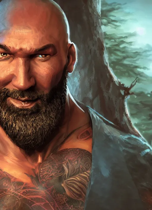 Prompt: A fantasy comic book style portrait painting of Dave Bautista as a druid in a stunning fantasy fortress, unreal 5, DAZ, hyperrealistic, octane render, RPG portrait, dynamic lighting