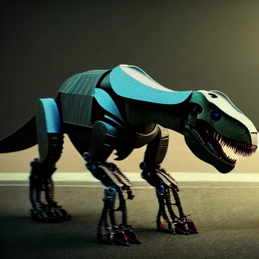 Prompt: a !robot! controlling a t-rex, the t-rex walks peacefully in a lab, octane render, 3D, award-winning, as coherent as Dall-E 2