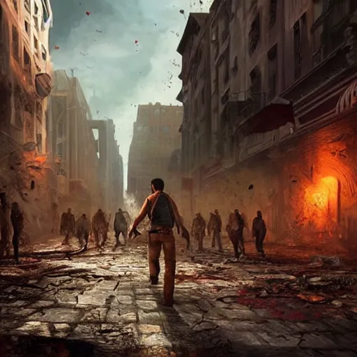 Image similar to nathan drake in a street full of zombies, artstation hall of fame gallery, editors choice, #1 digital painting of all time, most beautiful image ever created, emotionally evocative, greatest art ever made, lifetime achievement magnum opus masterpiece, the most amazing breathtaking image with the deepest message ever painted, a thing of beauty beyond imagination or words