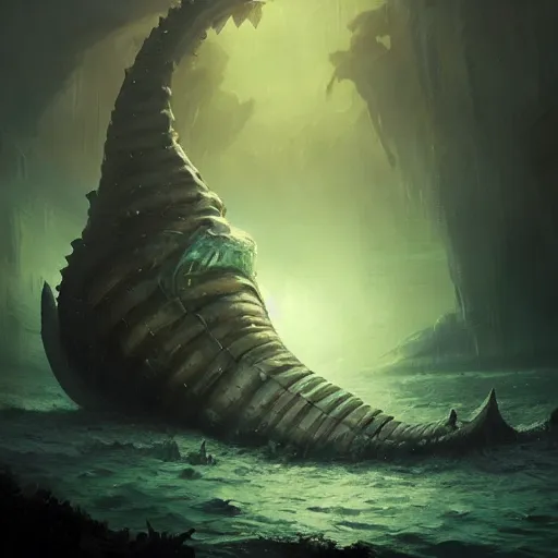 Prompt: Underwater Leviathan, bioluminescent, eerie, emotion, scenery, oil painting, Tooth Wu, Greg Rutkowski, RPG, dynamic lighting, fantasy art, high contrast, depth of field