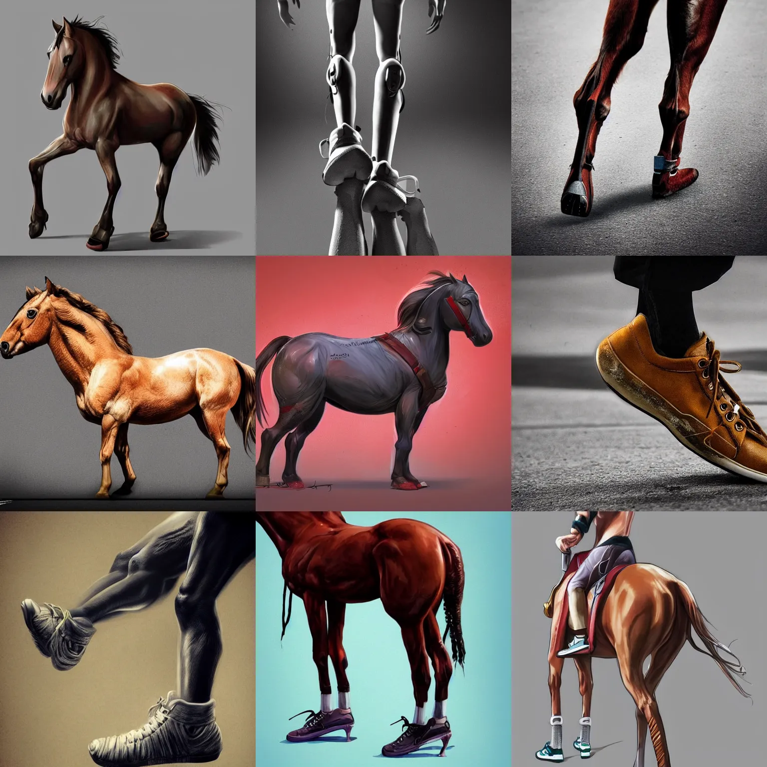 Prompt: a horse wearing human front legs and sneakers, human back legs and sneakers, human leg photography, concept art, digital art, artstation