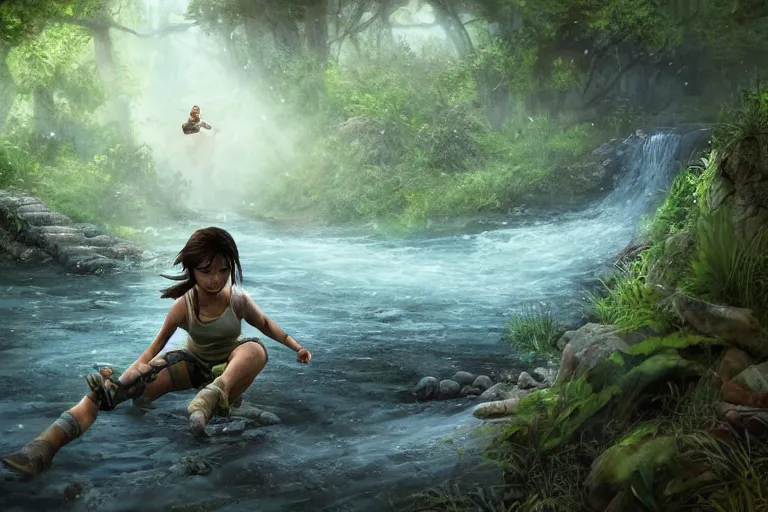 Image similar to wide shot of exhausted Lara Croft climbing out of a roaring ancient river, fireflies by Lilia Alvarado