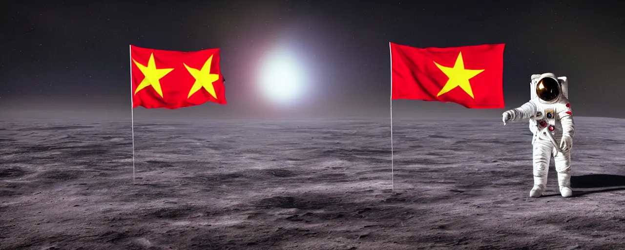 Image similar to an astronaut in red on white on yellow costume holding vietnam flag, standing on the moon, cinematic composition, a realistic photograph, cosmic background, octane render