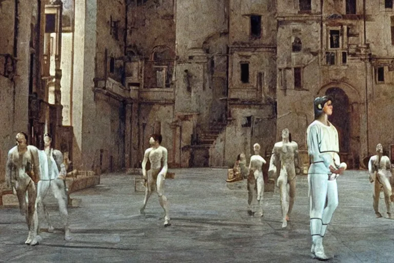 Image similar to a scene from the movie la felicita ( 1 9 7 1 ) by luchino visconti with mastroianni entering a scifi cyberpunk futurist city reminiscent of the ( ( ( ideal city by piero della francesca. technicolor ) ) ), cinematic, 5 0 mm, highly detailed